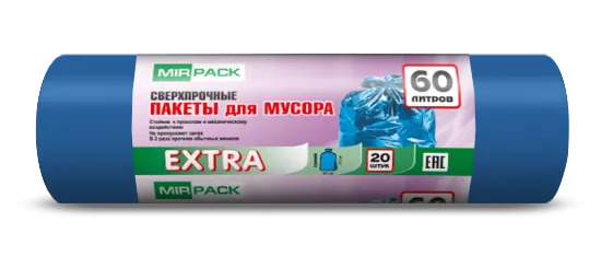 Мешки ПНД MIRPACK "EXTRA" 60 л, 20 шт, 12 мкм, 60*70см, синие (1/32)
