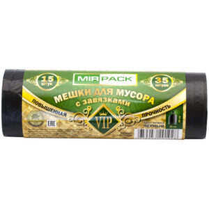 Мешки ПНД MIRPACK "VIP" с завяз. 35 л, 15 шт, 18 мкм, чёрный (1/25)
