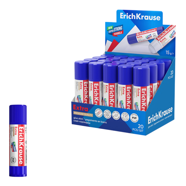 Клей-карандаш ErichKrause Extra, 15г (в коробке-дисплее по 20 шт.)
